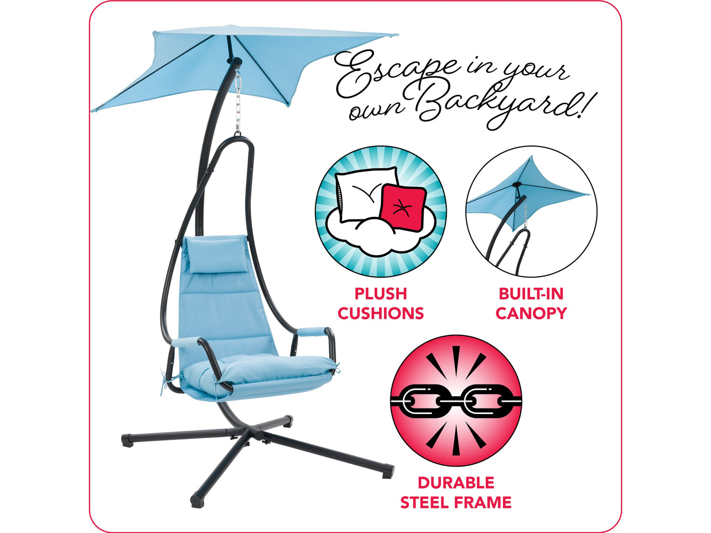 Light blue swing lounge chair with cushioned seat and backrest, sturdy metal frame, and weather-resistant fabric. Ideal for patios and outdoor relaxation.
