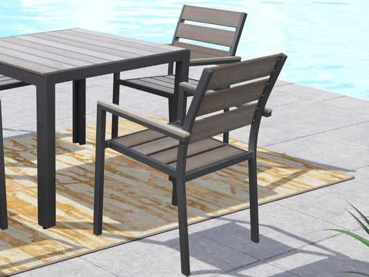 Set of 2 charcoal grey patio dining chairs with metal frames and weather-resistant cushions, featuring a modern, sleek design perfect for outdoor dining areas.