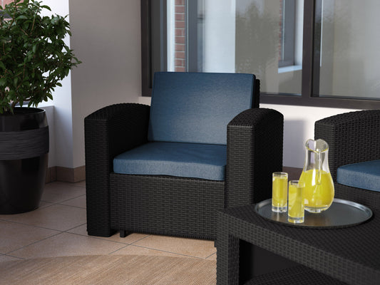 Blue outdoor patio chair with cushioned seat and backrest, featuring a sturdy metal frame and armrests, perfect for garden or balcony relaxation.