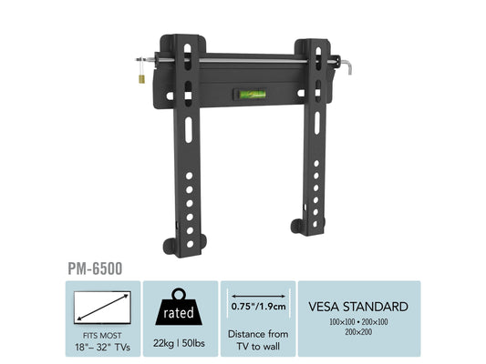 Fixed TV wall mount for 18" - 32" TVs, black steel frame, slim profile, durable construction, easy installation, secure mounting bracket, compatible with most flat-screen TVs, ideal for living rooms and bedrooms.