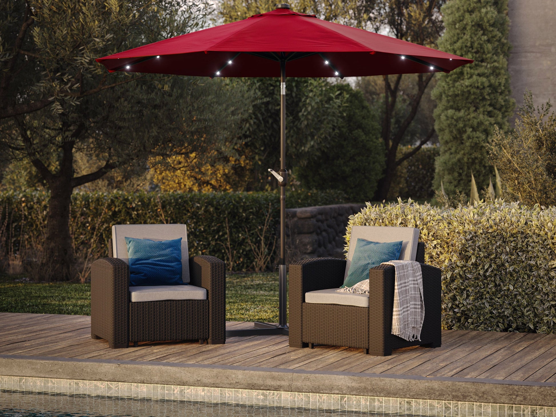 Burgundy 9ft patio umbrella with built-in LED lights, tilting feature, and sturdy aluminum pole, perfect for outdoor garden or patio use.