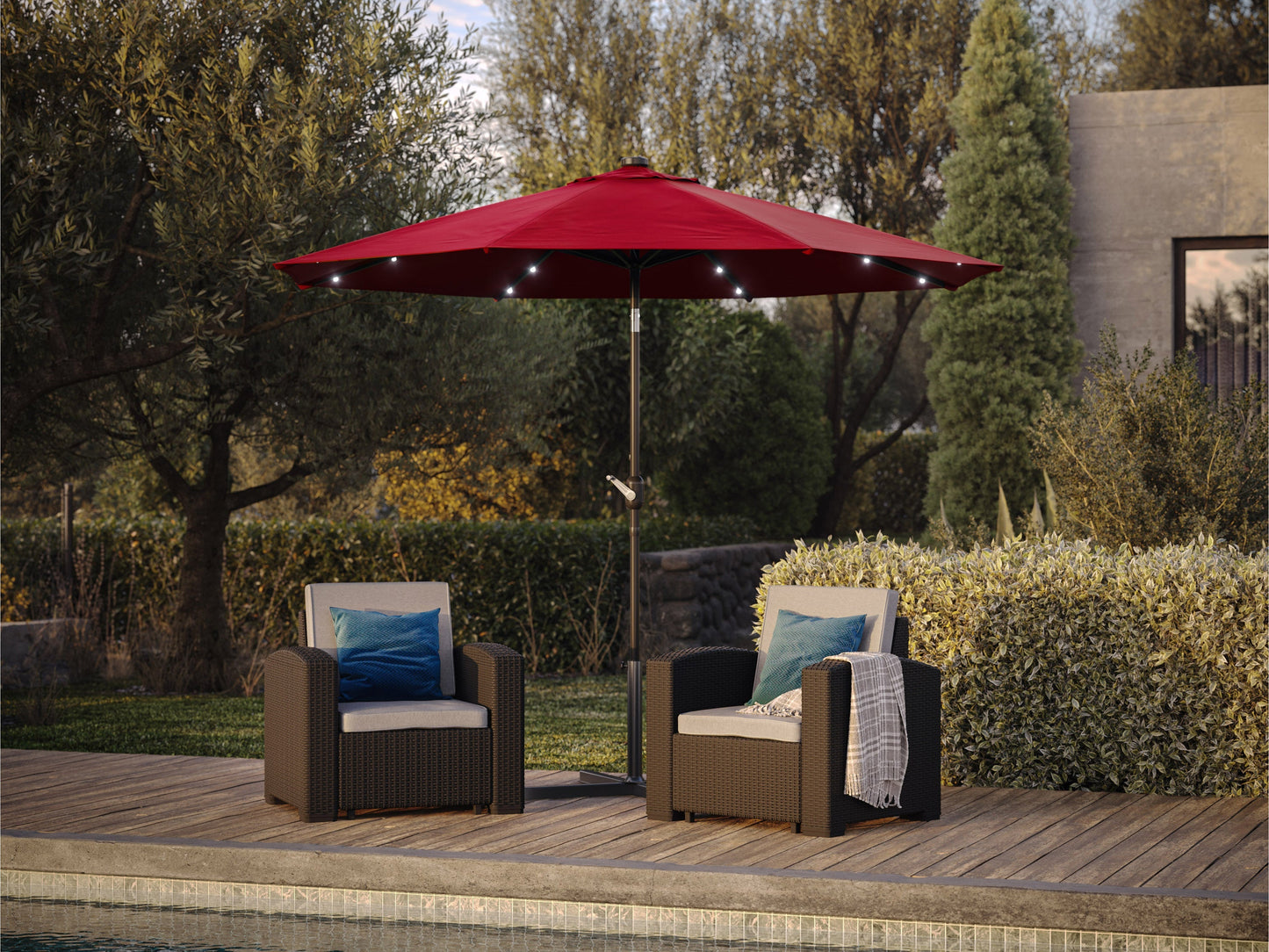 Burgundy 9ft patio umbrella with built-in LED lights, tilting feature, and sturdy aluminum pole, perfect for outdoor garden or patio use.