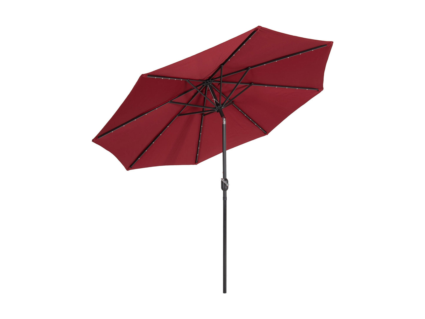 Burgundy 9ft patio umbrella with built-in LED lights, tilting feature, and sturdy aluminum pole, perfect for outdoor garden or patio use.