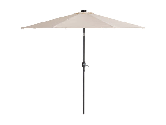 Off-white 9ft patio umbrella with tilting feature and built-in LED lights, providing shade and ambiance for outdoor spaces, featuring a sturdy metal pole and weather-resistant fabric.