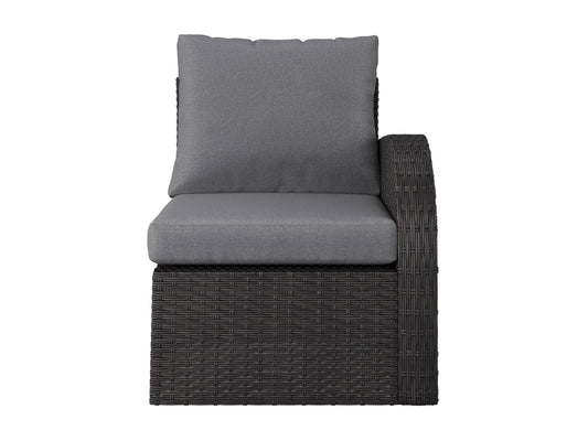 Outdoor grey patio sectional chair with right armrest, featuring durable weather-resistant fabric, sleek aluminum frame, and plush cushions for ultimate comfort and style in outdoor living spaces.