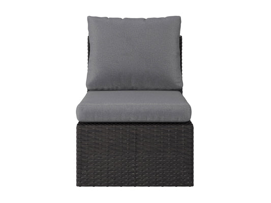 Grey outdoor sectional middle piece patio chair with weather-resistant wicker, plush grey cushions, and aluminum frame, ideal for modern outdoor seating arrangements.