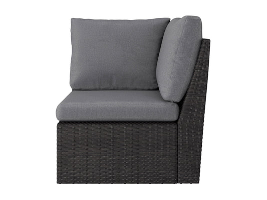 Grey outdoor sectional corner chair with weather-resistant cushions, sleek aluminum frame, and modern design. Ideal for patio or garden seating, offering comfort and durability for outdoor lounging.
