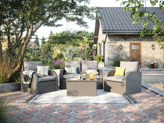 Grey outdoor loveseat set with cushions, featuring a modern design, durable wicker frame, and tempered glass coffee table, perfect for patio or garden lounging. Includes two chairs, loveseat, and side table.
