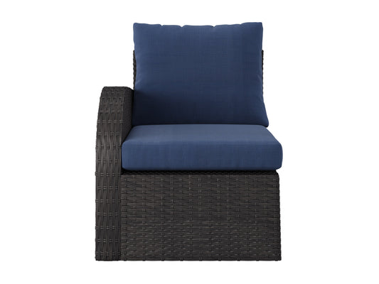 Blue outdoor sectional patio chair with left armrest, featuring weather-resistant fabric, sturdy metal frame, and plush cushions for comfort. Ideal for modern patio settings and relaxing outdoor spaces.