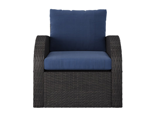 Blue outdoor wicker patio chair with cushioned seat and backrest, featuring durable woven rattan material and weather-resistant frame, perfect for garden or balcony seating.