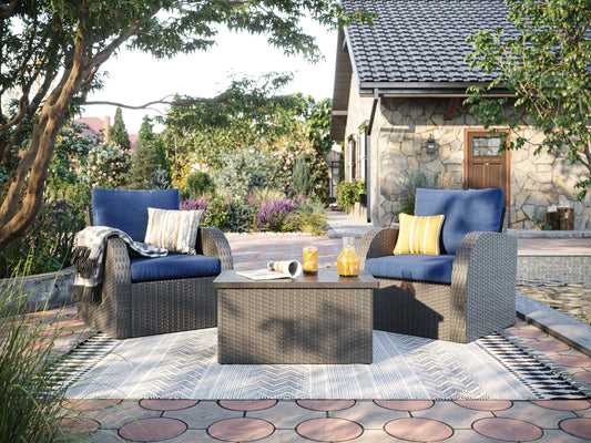 Alt text: "Outdoor wicker patio conversation set with a blue table and chairs, featuring durable rattan material and comfortable cushions, perfect for garden or backyard relaxation."