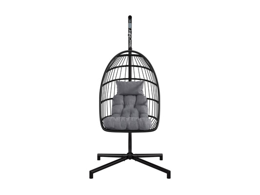 Grey hanging egg chair with plush cushions, woven rattan texture, and sturdy metal frame. Ideal for patios, this patio swing features a comfortable, cocoon-like design perfect for outdoor relaxation.