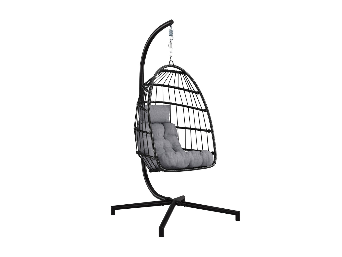 Grey hanging egg chair with plush cushions, woven rattan texture, and sturdy metal frame. Ideal for patios, this patio swing features a comfortable, cocoon-like design perfect for outdoor relaxation.