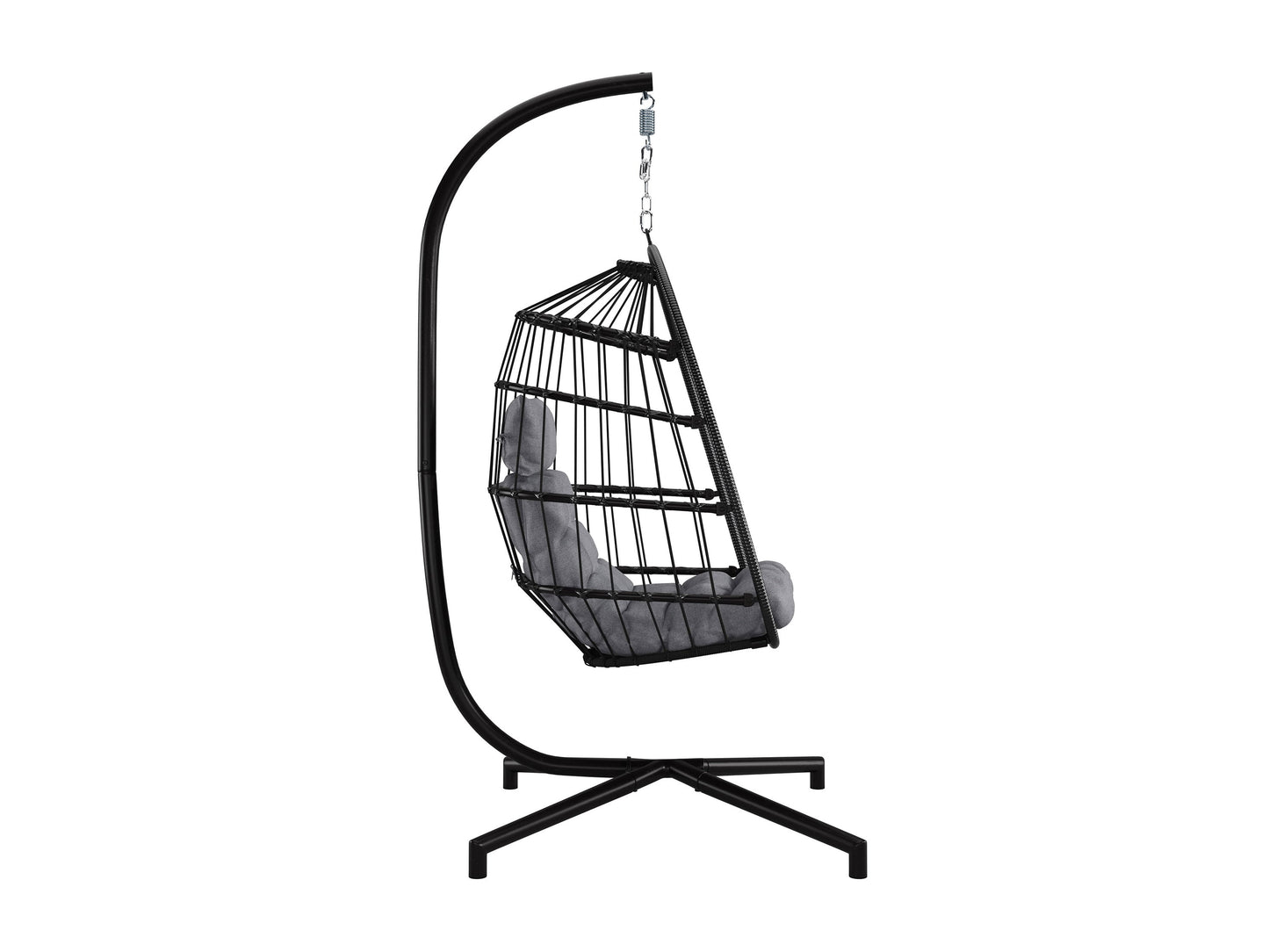 Grey hanging egg chair with plush cushions, woven rattan texture, and sturdy metal frame. Ideal for patios, this patio swing features a comfortable, cocoon-like design perfect for outdoor relaxation.