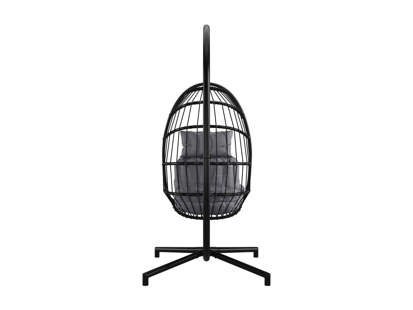 Grey hanging egg chair with plush cushions, woven rattan texture, and sturdy metal frame. Ideal for patios, this patio swing features a comfortable, cocoon-like design perfect for outdoor relaxation.