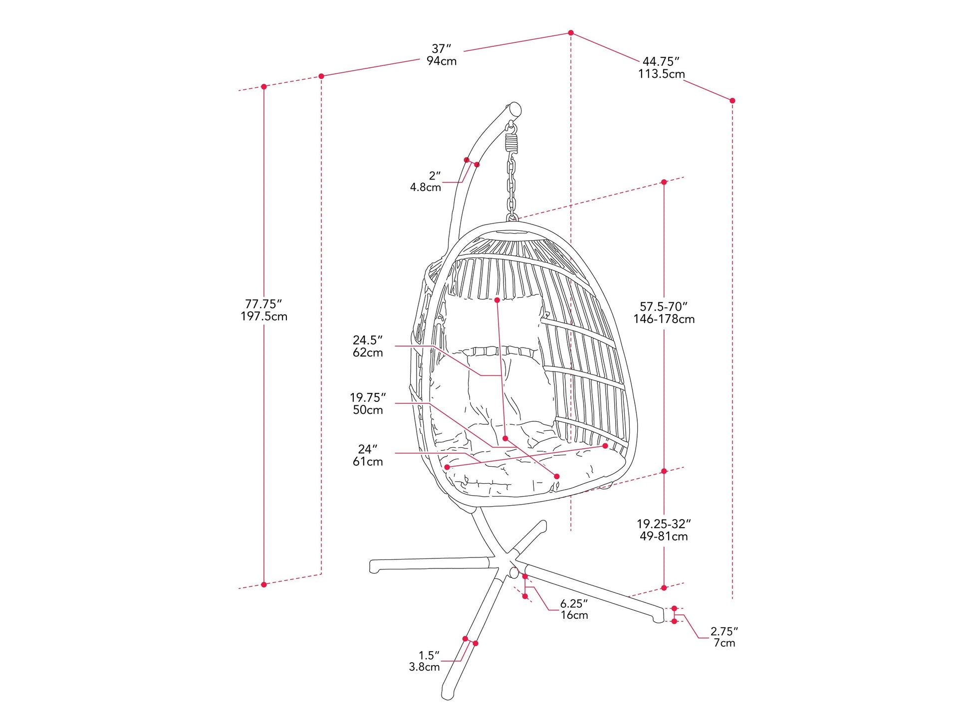 Beige hanging egg chair with cushioned seat, woven rattan texture, and sturdy metal frame. Ideal for patio relaxation.