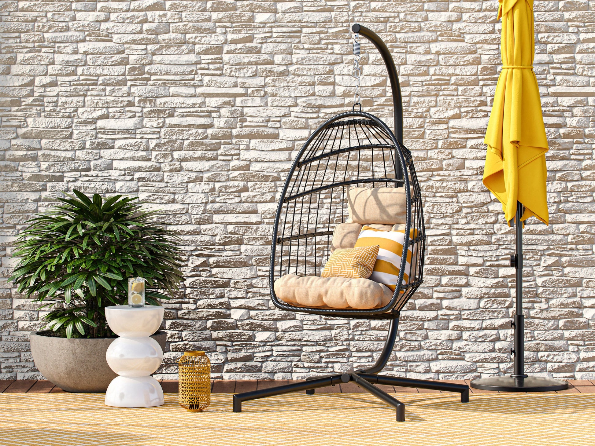Beige hanging egg chair with cushioned seat, woven rattan texture, and sturdy metal frame. Ideal for patio relaxation.