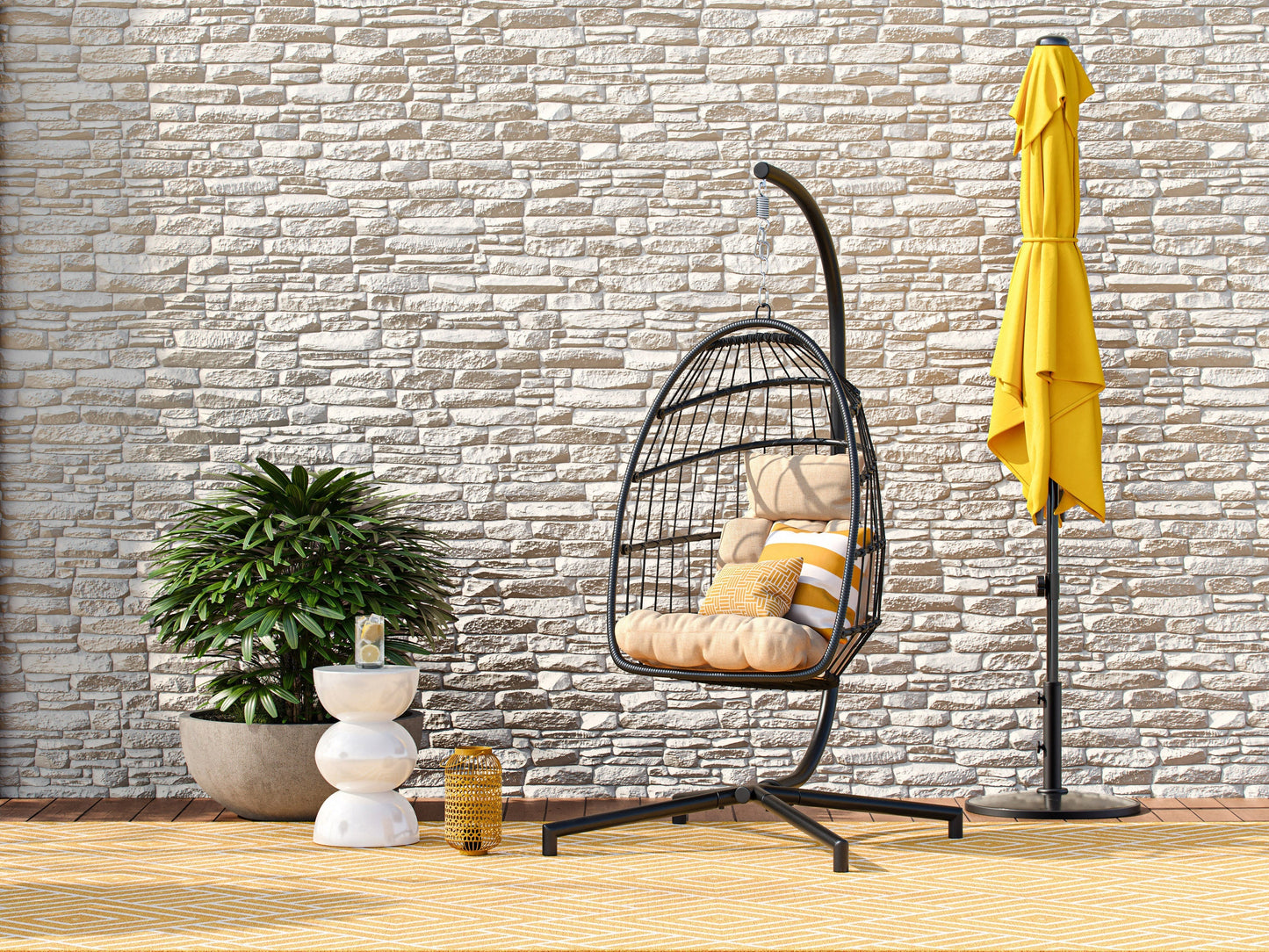 Beige hanging egg chair with cushioned seat, woven rattan texture, and sturdy metal frame. Ideal for patio relaxation.
