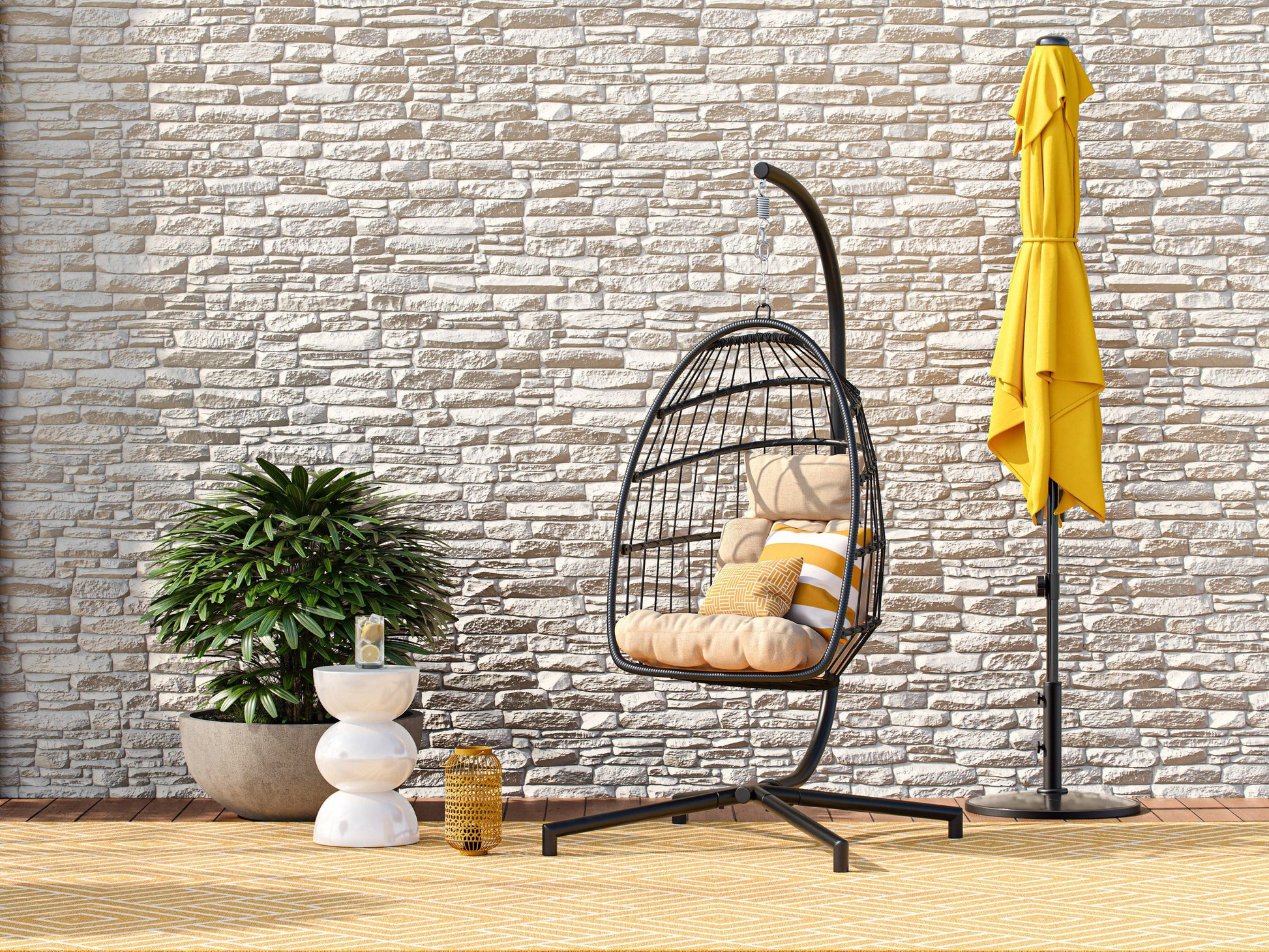 Beige hanging egg chair with cushioned seat, woven rattan texture, and sturdy metal frame. Ideal for patio relaxation.