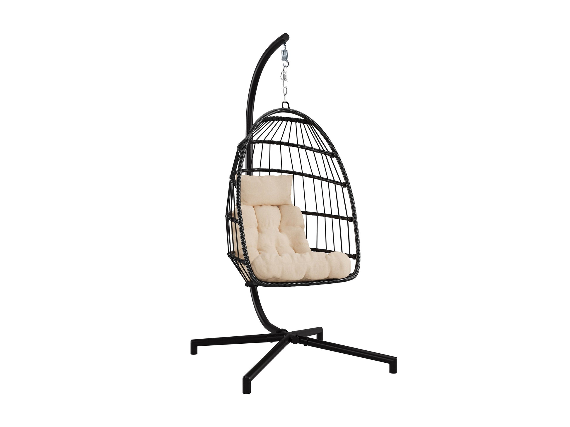 Beige hanging egg chair with cushioned seat, woven rattan texture, and sturdy metal frame. Ideal for patio relaxation.