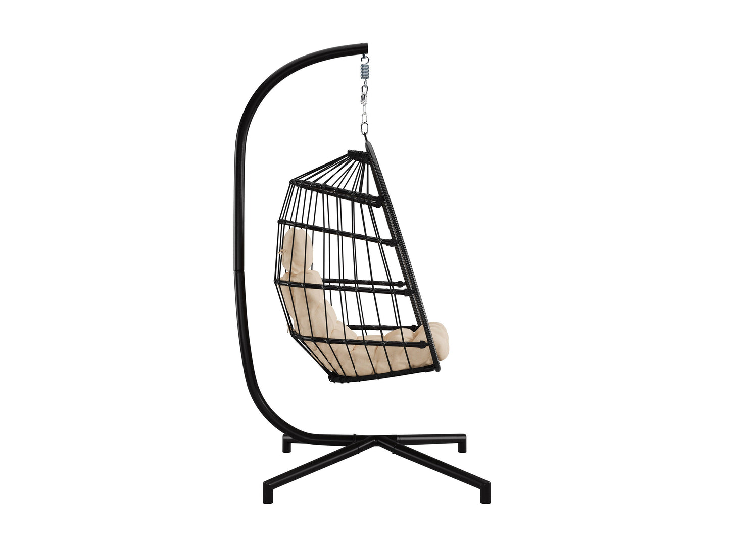 Beige hanging egg chair with cushioned seat, woven rattan texture, and sturdy metal frame. Ideal for patio relaxation.