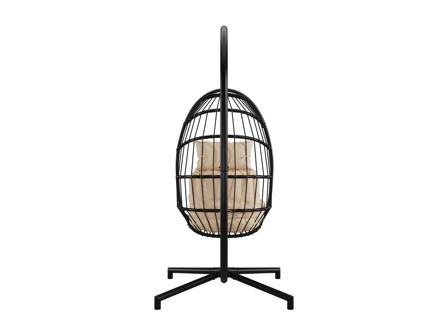 Beige hanging egg chair with cushioned seat, woven rattan texture, and sturdy metal frame. Ideal for patio relaxation.