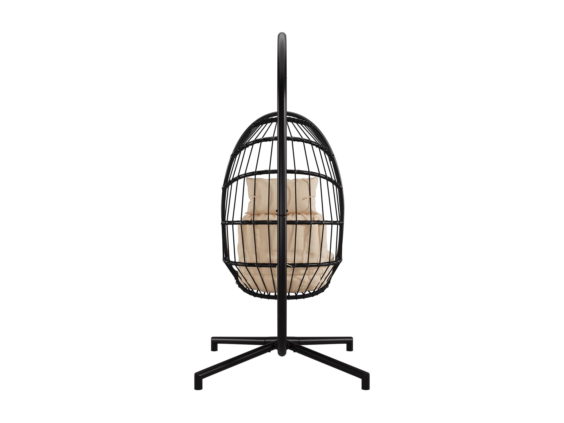 Beige hanging egg chair with cushioned seat, woven rattan texture, and sturdy metal frame. Ideal for patio relaxation.