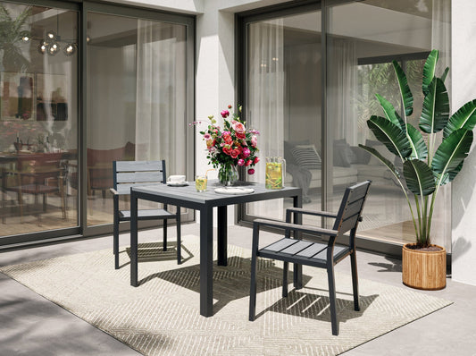 Alt Tag: 
"3-piece outdoor patio dining set with a rectangular wooden table and two matching benches, featuring a natural teak finish and weather-resistant cushions, ideal for garden or backyard use."