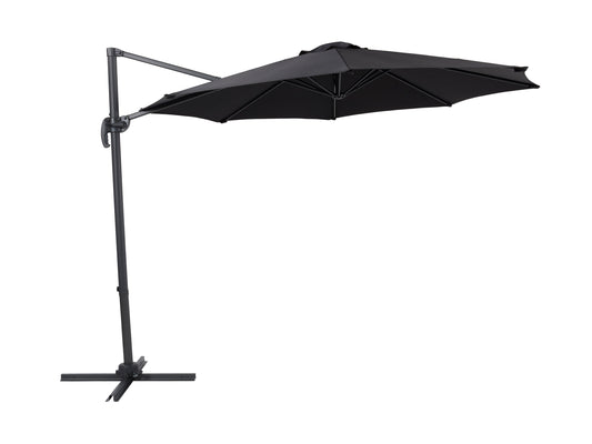 9.5ft offset patio umbrella with 360-degree rotation, features a sleek black canopy and durable aluminum frame, ideal for outdoor shading solutions in modern patio setups.