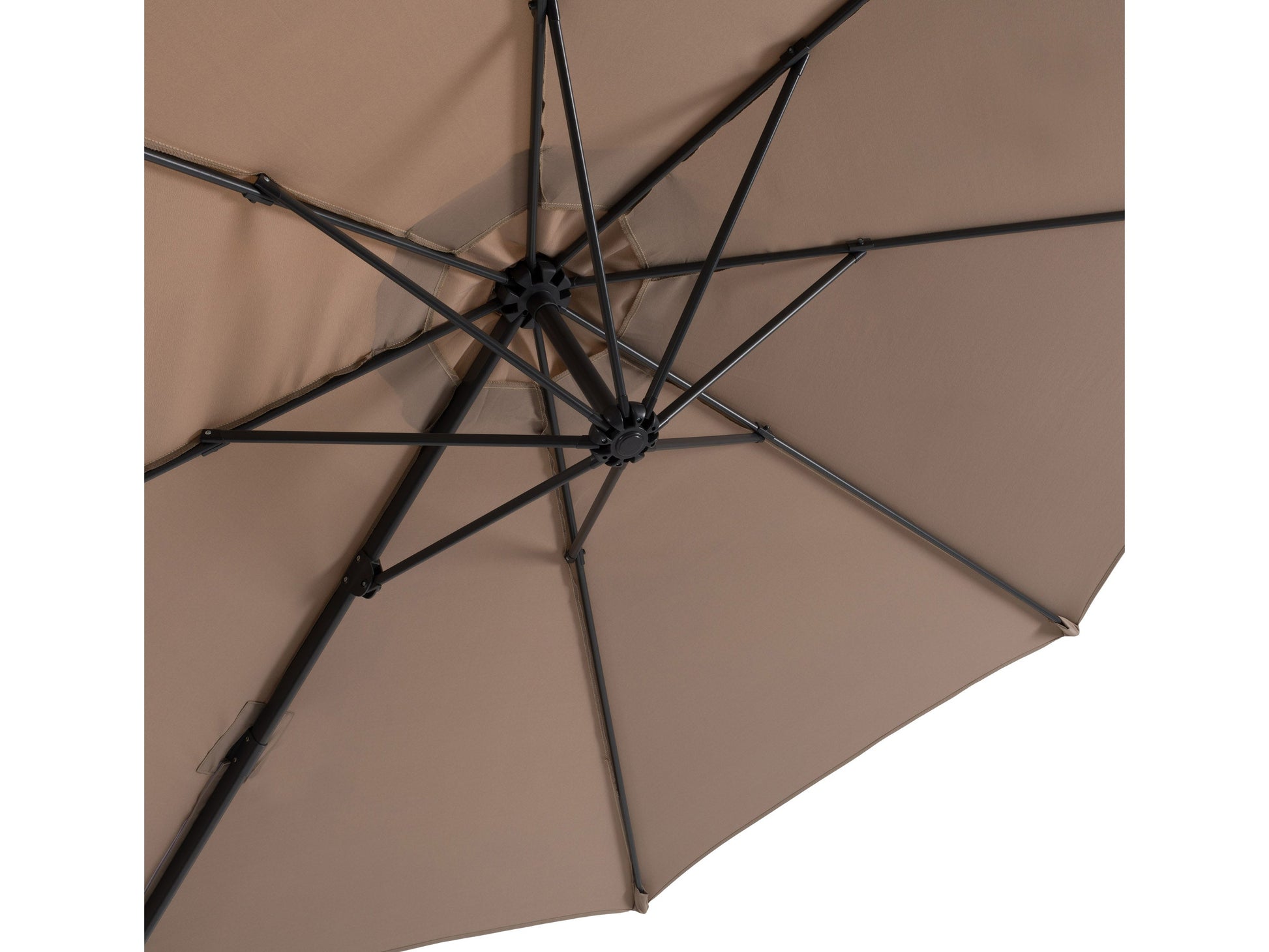9.5ft taupe offset patio umbrella with 360-degree rotation, sturdy aluminum frame, and UV-resistant canopy, ideal for outdoor shade on patios or gardens.