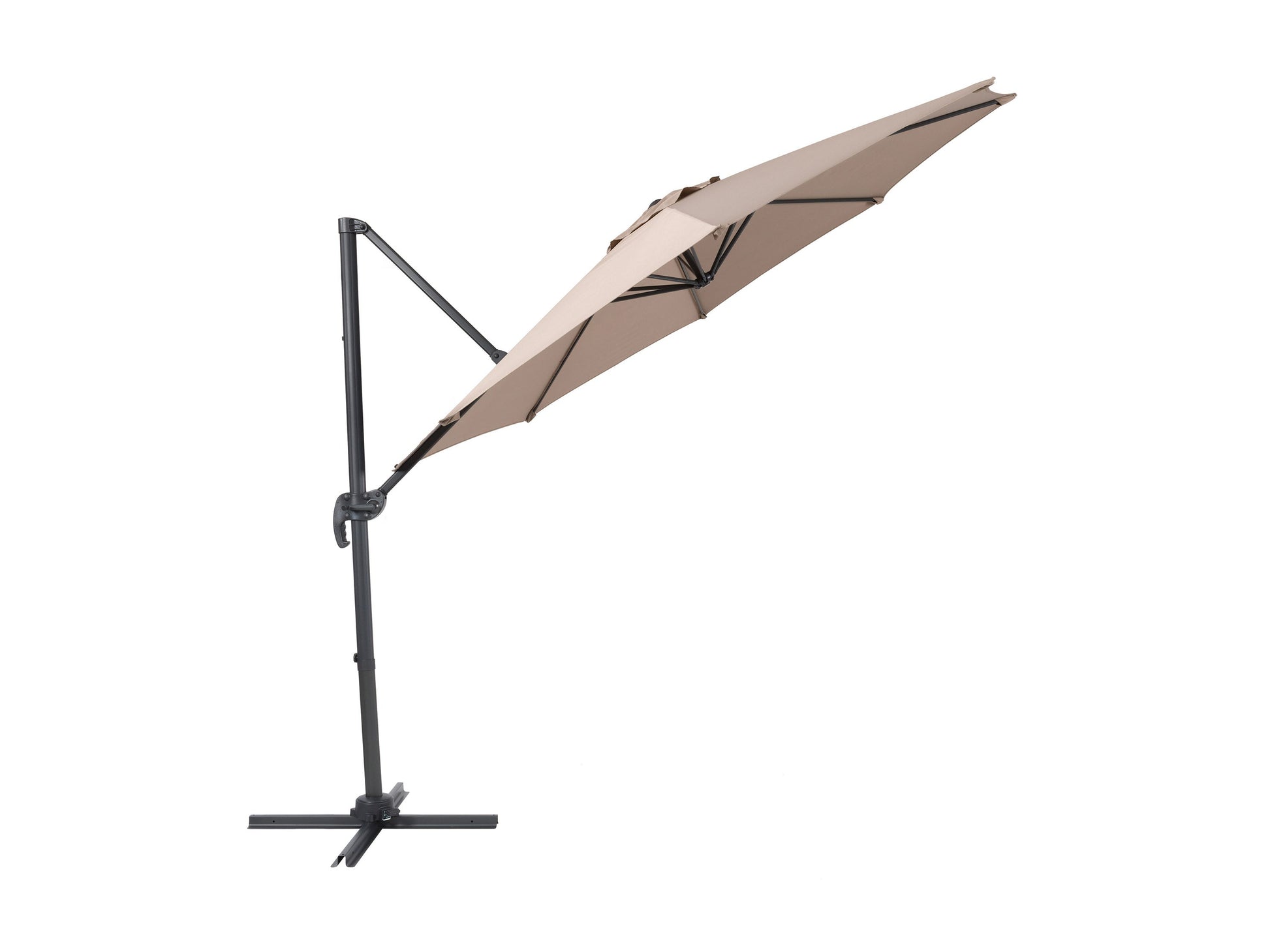 9.5ft taupe offset patio umbrella with 360-degree rotation, sturdy aluminum frame, and UV-resistant canopy, ideal for outdoor shade on patios or gardens.