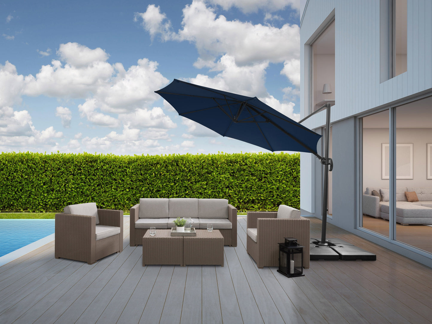 Navy blue 9.5ft offset patio umbrella with 360-degree rotation, sturdy aluminum frame, and UV-resistant fabric, perfect for outdoor shade on patios or decks.