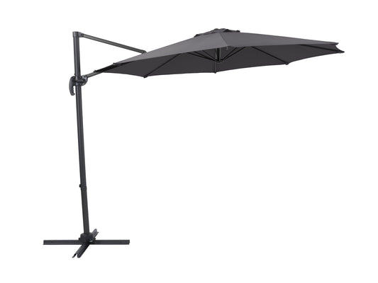 Grey 9.5ft offset patio umbrella with 360-degree rotation, durable fabric canopy, and sturdy metal frame, ideal for outdoor shading and garden relaxation.
