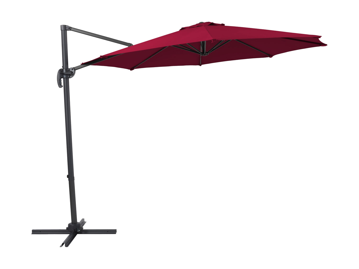 Wine red 9.5ft offset patio umbrella with 360-degree rotation, sturdy aluminum frame, and UV-resistant fabric. Ideal for outdoor spaces, providing ample shade and adjustable coverage for patios and gardens.