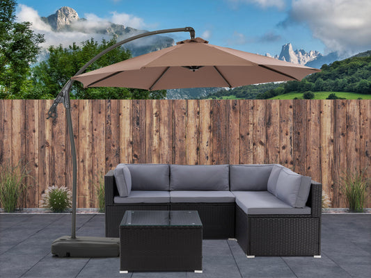 Cantilever patio umbrella with sand-colored canopy, sturdy aluminum frame, and a weighted base, perfect for outdoor shade. The adjustable tilt and rotation feature ensures optimal sun protection for patios and gardens.