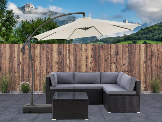 White cantilever patio umbrella with sturdy base, featuring a sleek, modern design and adjustable canopy for optimal shade. Ideal for outdoor spaces, made from weather-resistant materials.