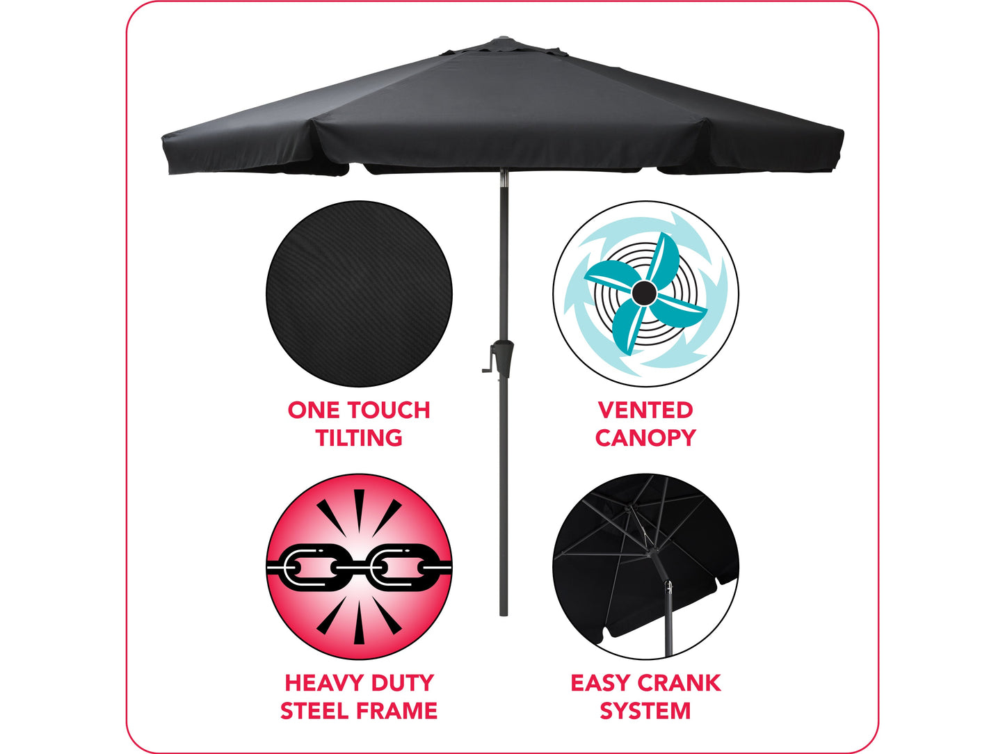 Black 10ft round patio umbrella with tilting feature, sturdy metal frame, and weather-resistant fabric. Ideal for outdoor shade on patios, gardens, and decks.