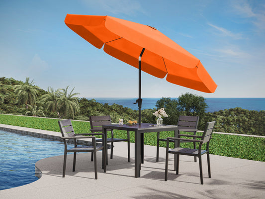Orange 10ft round patio umbrella with tilting feature, sturdy metal frame, UV-resistant fabric, and crank lift system, providing adjustable shade for outdoor spaces like patios, gardens, and pool areas.