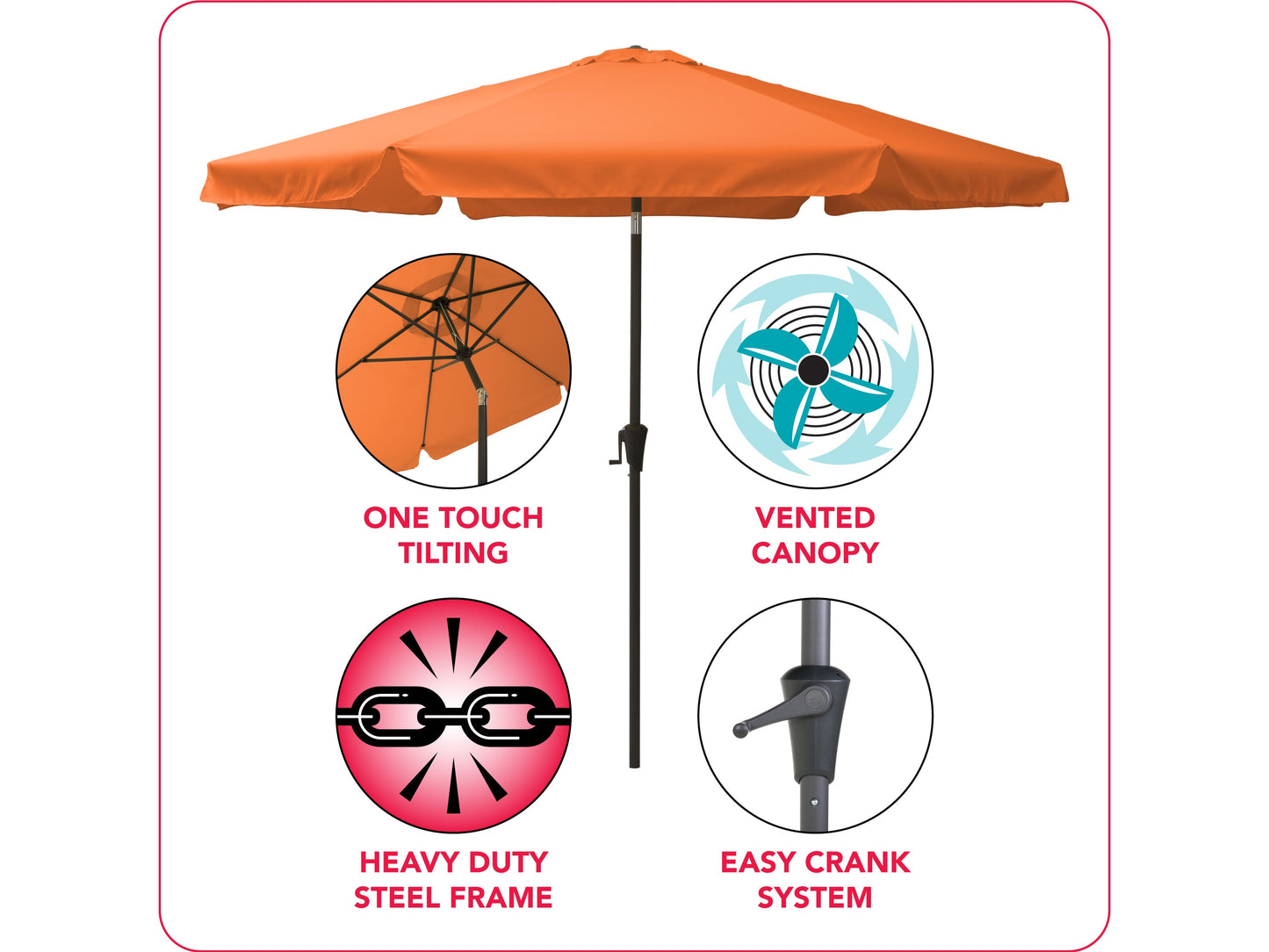 Orange 10ft round patio umbrella with tilting feature, sturdy metal frame, UV-resistant fabric, and crank lift system, providing adjustable shade for outdoor spaces like patios, gardens, and pool areas.