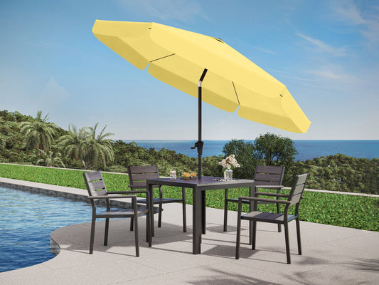 Bright yellow 10ft round patio umbrella with tilting mechanism, sturdy aluminum pole, and weather-resistant fabric, ideal for outdoor shade.
