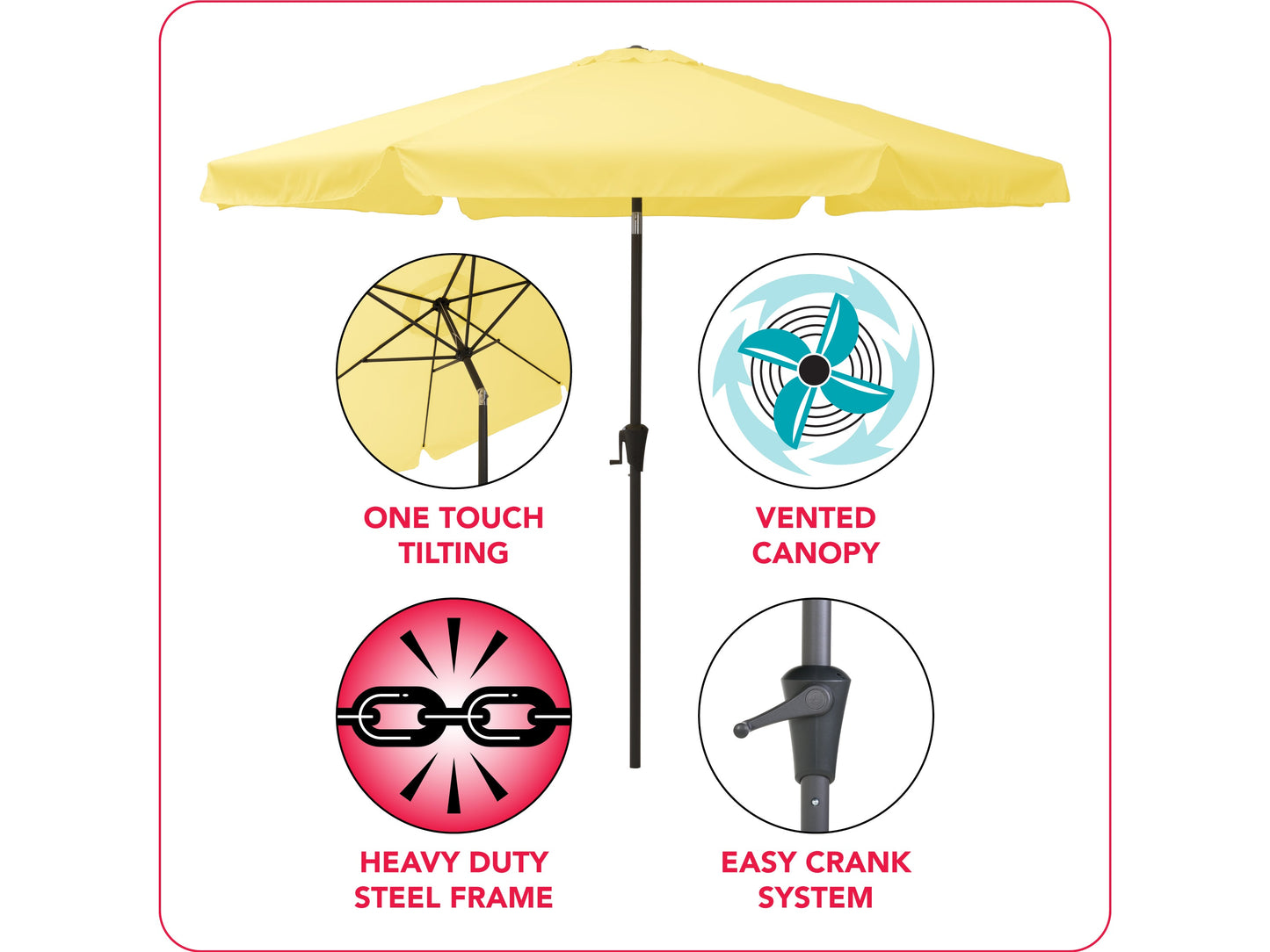 Bright yellow 10ft round patio umbrella with tilting mechanism, sturdy aluminum pole, and weather-resistant fabric, ideal for outdoor shade.