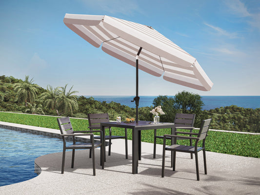 Taupe and white 10ft round patio umbrella with tilting feature, sturdy aluminum pole, and weather-resistant fabric, perfect for outdoor shade and garden decor.