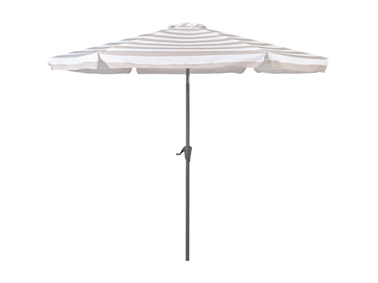 Taupe and white 10ft round patio umbrella with tilting feature, sturdy aluminum pole, and weather-resistant fabric, perfect for outdoor shade and garden decor.