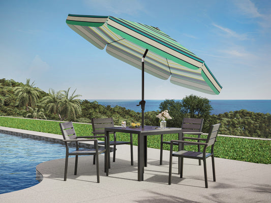 Green and white 10ft round patio umbrella with tilting feature, sturdy aluminum pole, and weather-resistant fabric, perfect for outdoor garden or patio furniture.