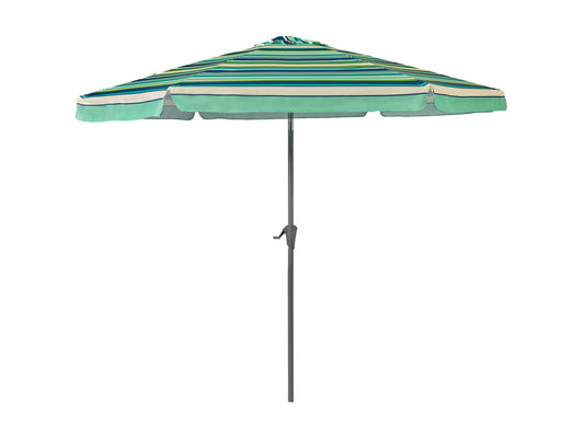 Green and white 10ft round patio umbrella with tilting feature, sturdy aluminum pole, and weather-resistant fabric, perfect for outdoor garden or patio furniture.