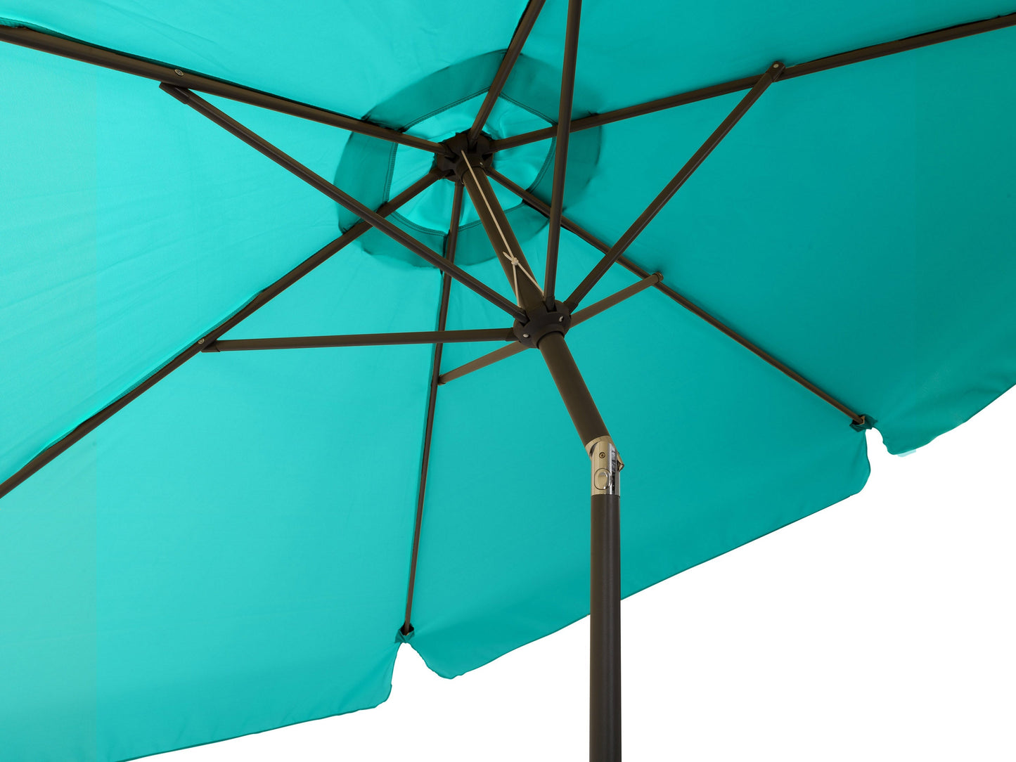 Turquoise 10ft round patio umbrella with tilting feature, aluminum pole, and UV-resistant fabric, perfect for outdoor shade on patios, decks, or gardens.