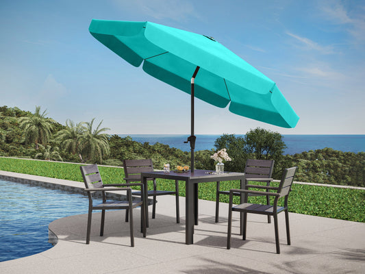 Turquoise 10ft round patio umbrella with tilting feature, aluminum pole, and UV-resistant fabric, perfect for outdoor shade on patios, decks, or gardens.
