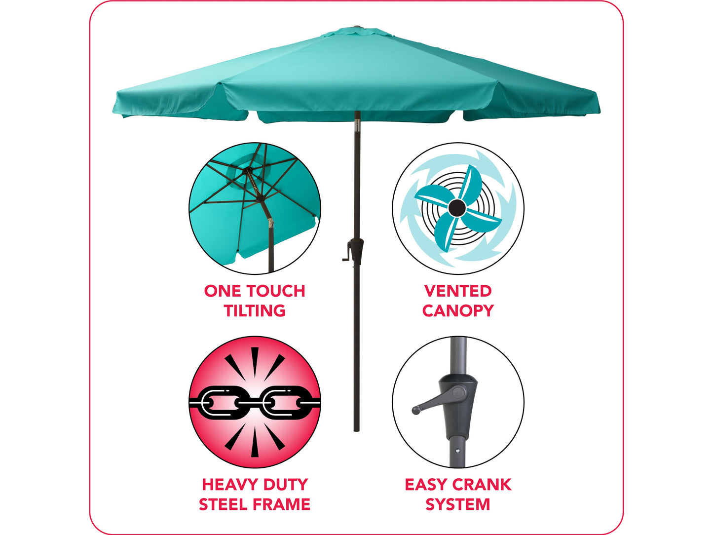 Turquoise 10ft round patio umbrella with tilting feature, aluminum pole, and UV-resistant fabric, perfect for outdoor shade on patios, decks, or gardens.