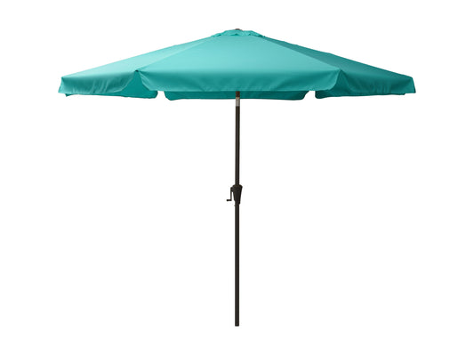 Turquoise 10ft round patio umbrella with tilting feature, aluminum pole, and UV-resistant fabric, perfect for outdoor shade on patios, decks, or gardens.