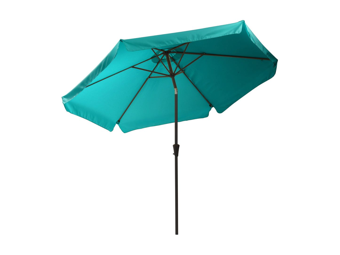 Turquoise 10ft round patio umbrella with tilting feature, aluminum pole, and UV-resistant fabric, perfect for outdoor shade on patios, decks, or gardens.